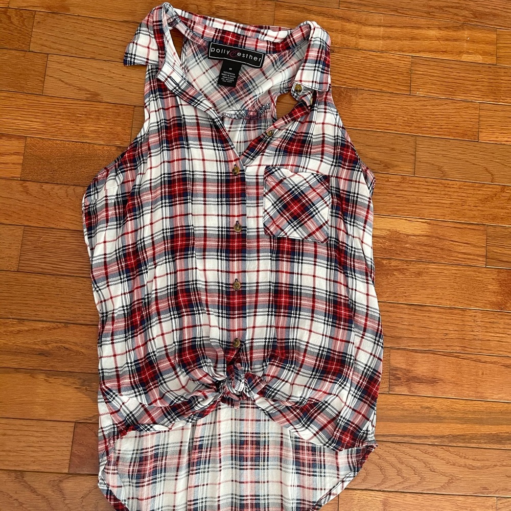 Racer back button down tank top tie at the bottom